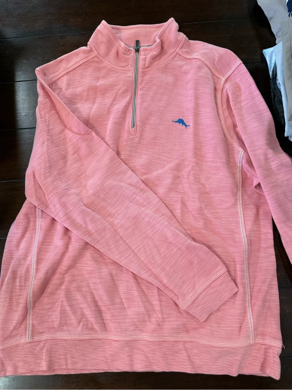 Tommy Bahama Men’s Pink Quarter-Zip Sweater with Blue Logo